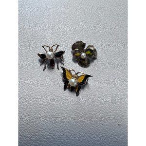 Set of 3 Vintage Enamel, Pearls, and Gold Mini Pins Butterfly, Flower, Dragonfly
